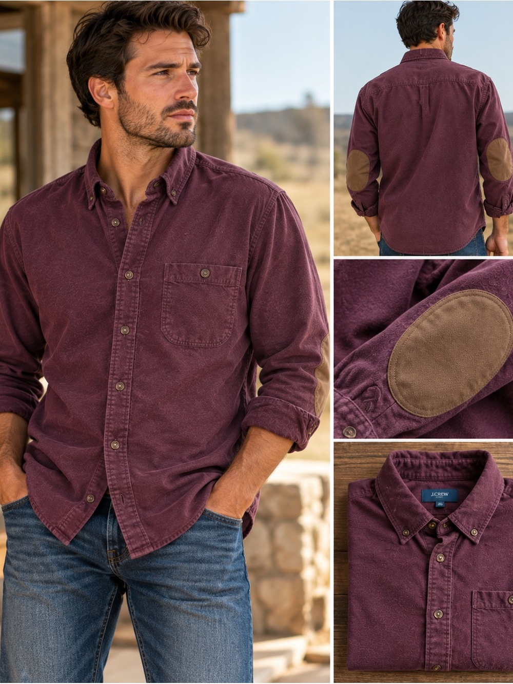 J. Crew Plum Button-Down Shirt with Brown Elbow Patches